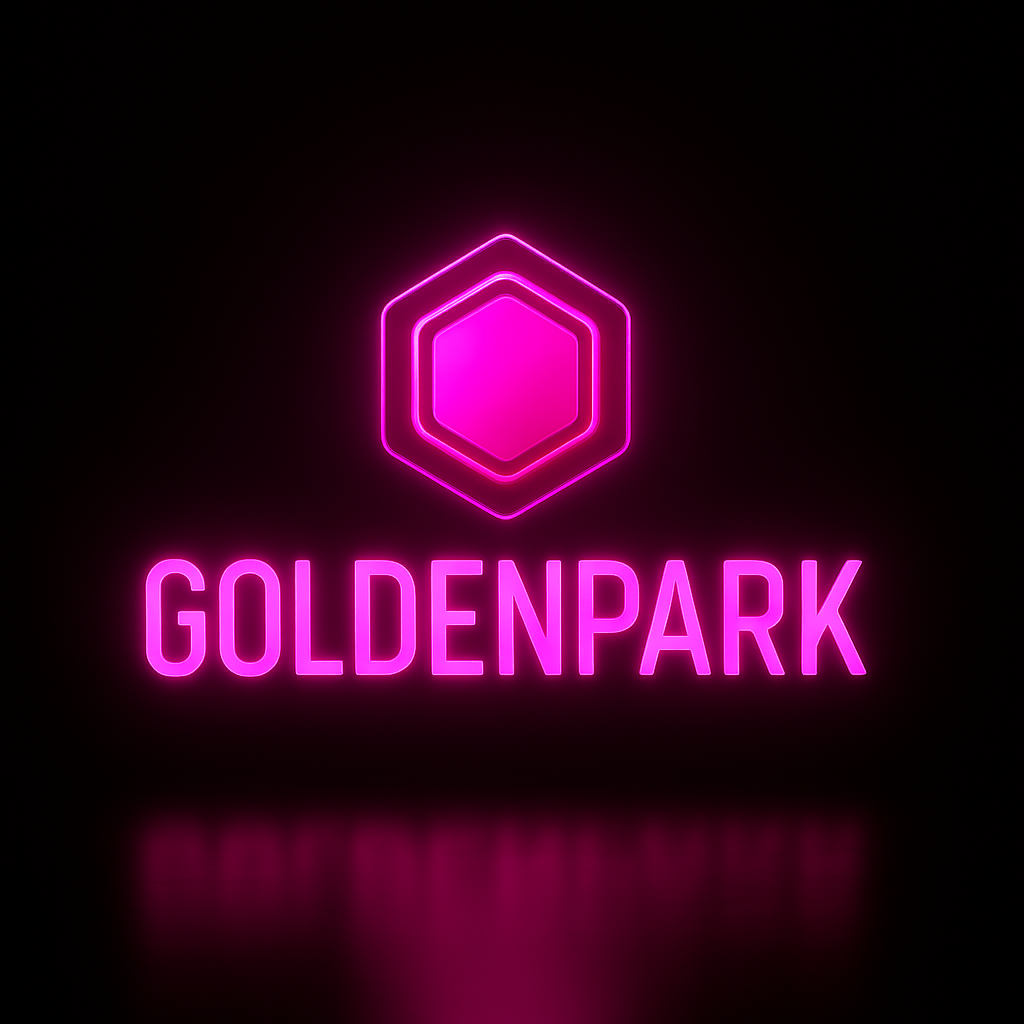 Interior de una sala de apuestas Goldenpark con máquinas recreativas y aplicación móvil de Goldenpark Bet en primer plano, todo iluminado con luces fucsias.