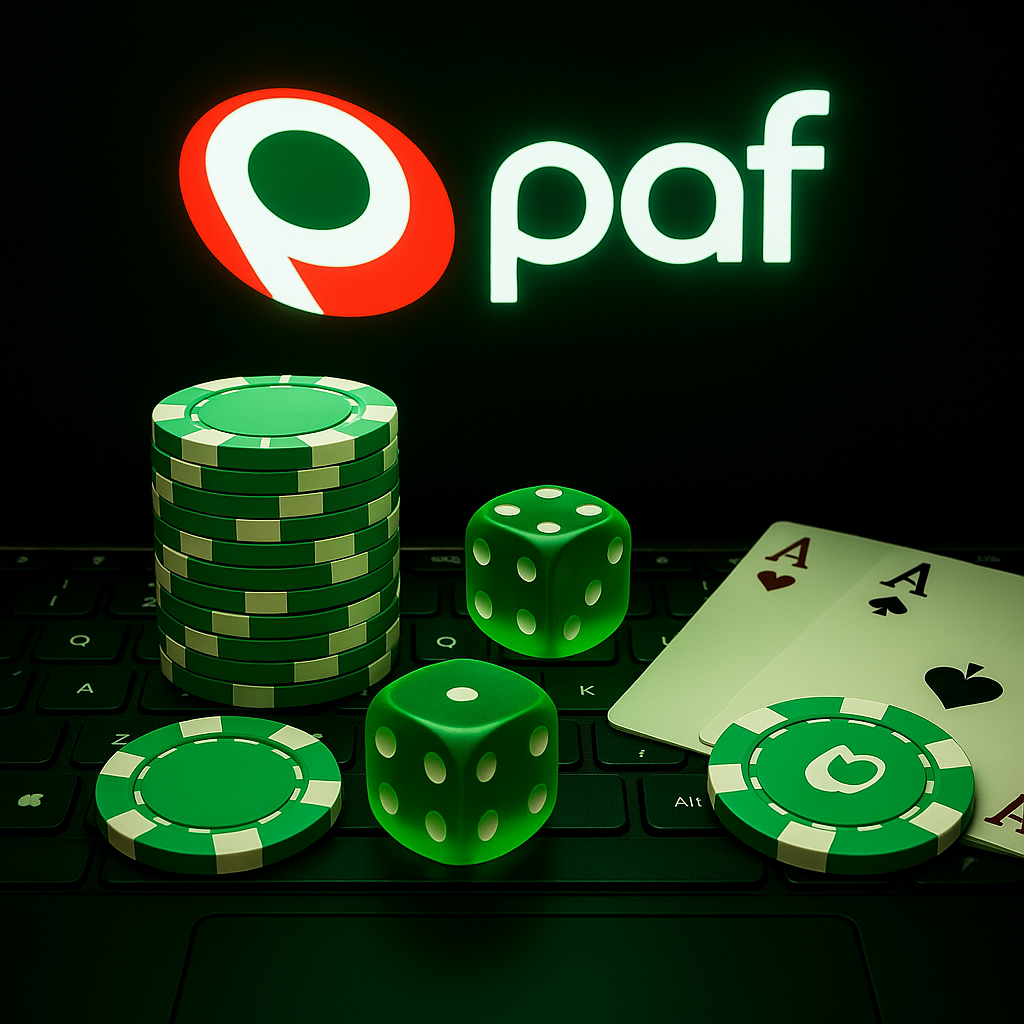 Logotipo oficial de Paf Casino en rojo y blanco sobre fondo negro, representando su imagen corporativa moderna y responsable.