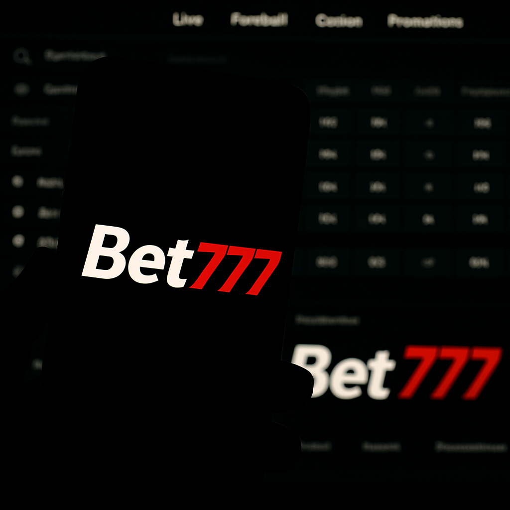 Pantalla de móvil con el logo Bet777 y fondo de plataforma de apuestas deportivas