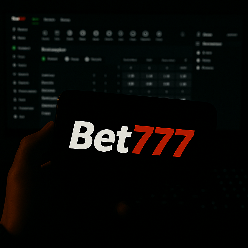 Teléfono móvil con logo de Bet777 y fondo de apuestas en directo