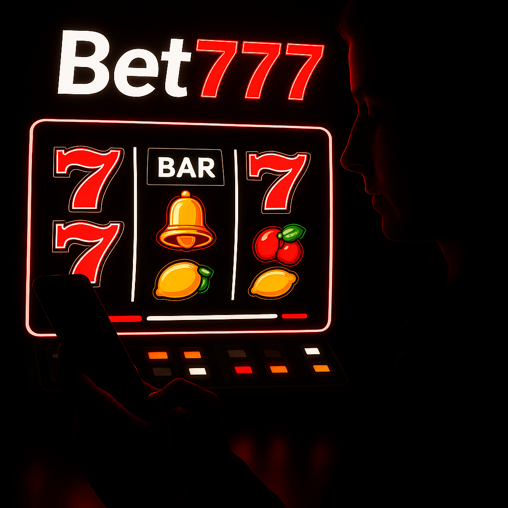 Persona jugando en línea en Bet777 con tragaperras y símbolos clásicos