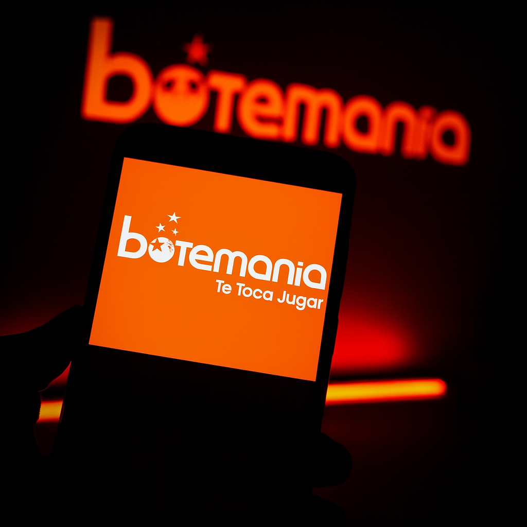 Dispositivo móvil con logotipo de Botemania encendido frente a sala de apuestas