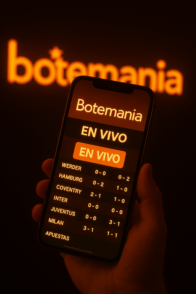 Teléfono con resultados deportivos en vivo de Botemania bingo y fondo iluminado con el logo