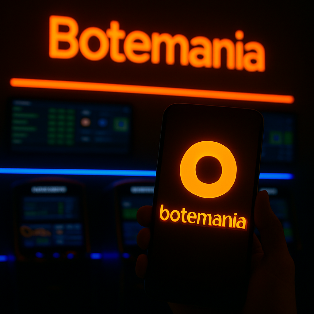 Teléfono con resultados deportivos en vivo de Botemania bingo y fondo iluminado con el logo