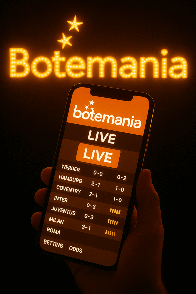 Logotipo luminoso de Botemania Casino con efecto neón y tres estrellas doradas sobre fondo negro.