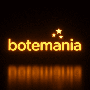 Logotipo luminoso de Botemania Casino con efecto neón y tres estrellas doradas sobre fondo negro.