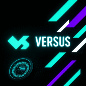 Logotipo luminoso de Versus en color azul celeste sobre fondo negro, representando promociones como el bono Versus para apuestas deportivas.