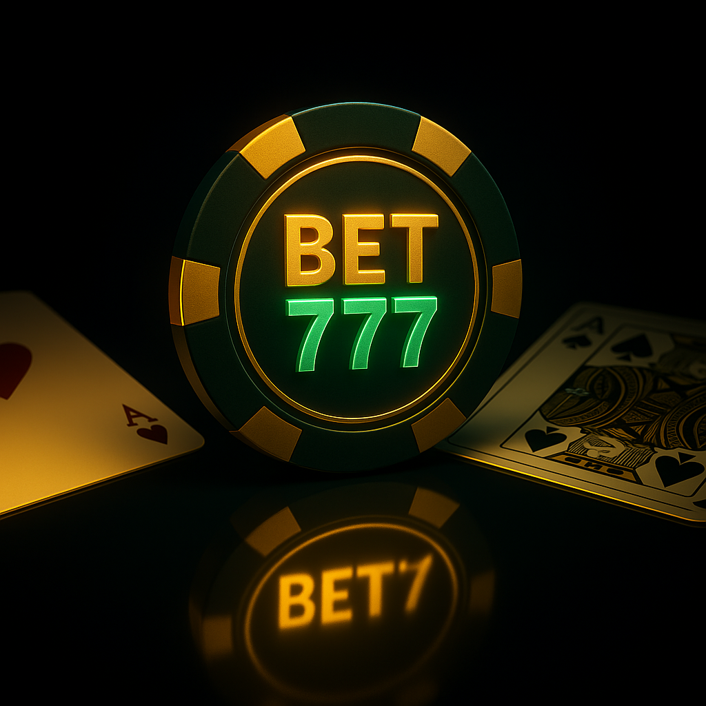 Fichas, dados y cartas de póker sobre un teclado de ordenador con el logo de BET777 iluminado al fondo, representando el bono de bienvenida del casino.