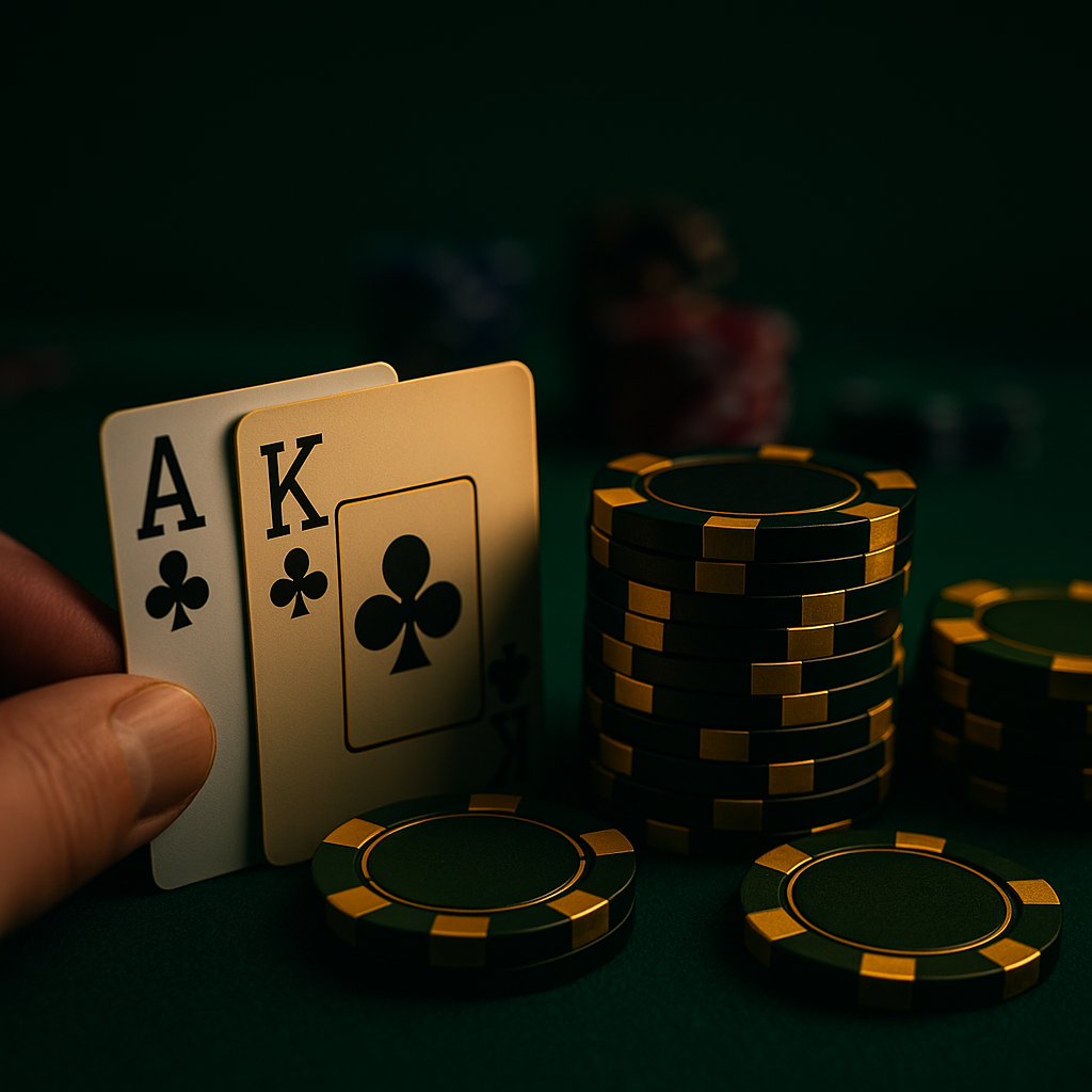 Fichas de póker, dados y cartas sobre un teclado con el logo de Bet777 Casino iluminado al fondo, representando el juego online.