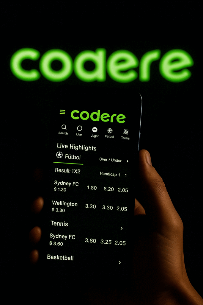 Logotipo de Codere iluminado en verde neón sobre fondo negro, representando su plataforma digital de apuestas deportivas y juegos de azar online.