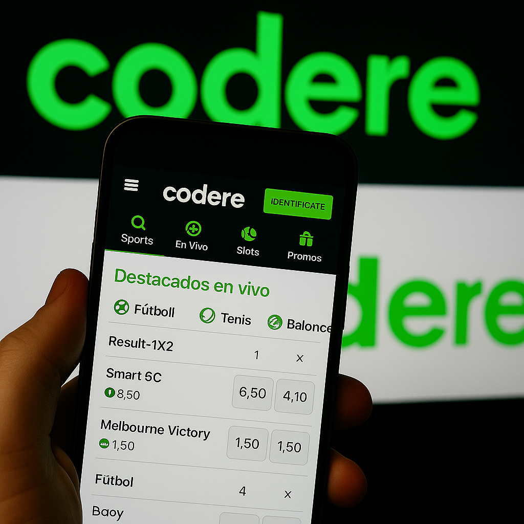 Dispositivo móvil horizontal con logo Codere frente a panel de apuestas deportivas