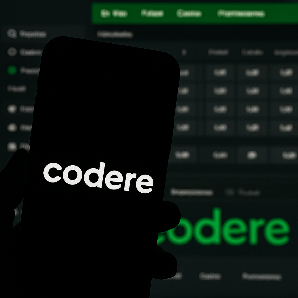 Logo verde de Codere en móvil frente a pantalla con interfaz de apuestas