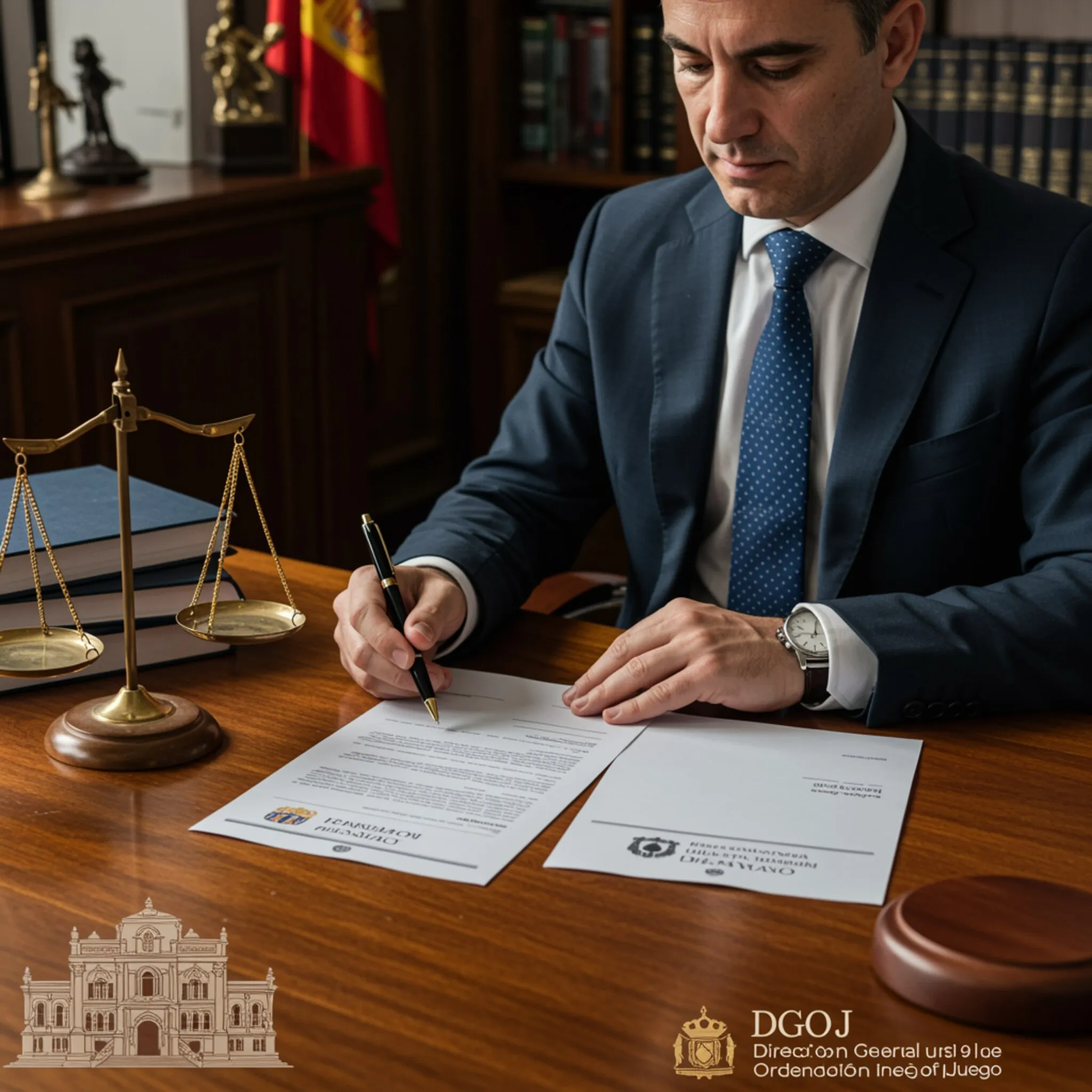 Abogado revisando documentos de reclamación ante la DGOJ con balanza de justicia en la mesa