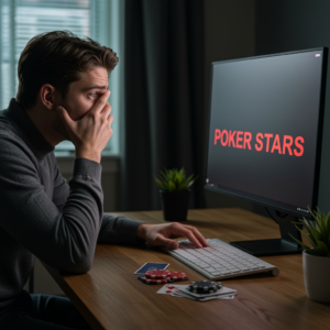 Persona intentando acceder a cuenta bloqueada de PokerStars tras retirada de fondos sin permiso