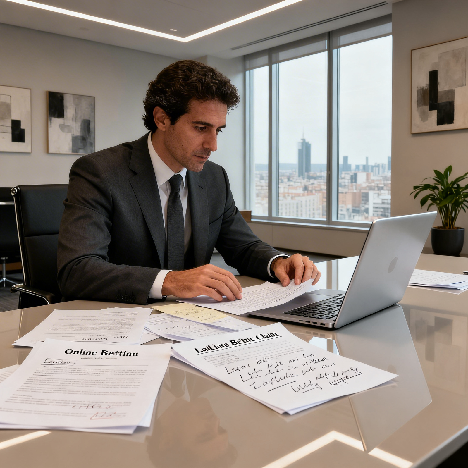 Abogado especialista en apuestas online revisando documentación de reclamación contra Bet777
