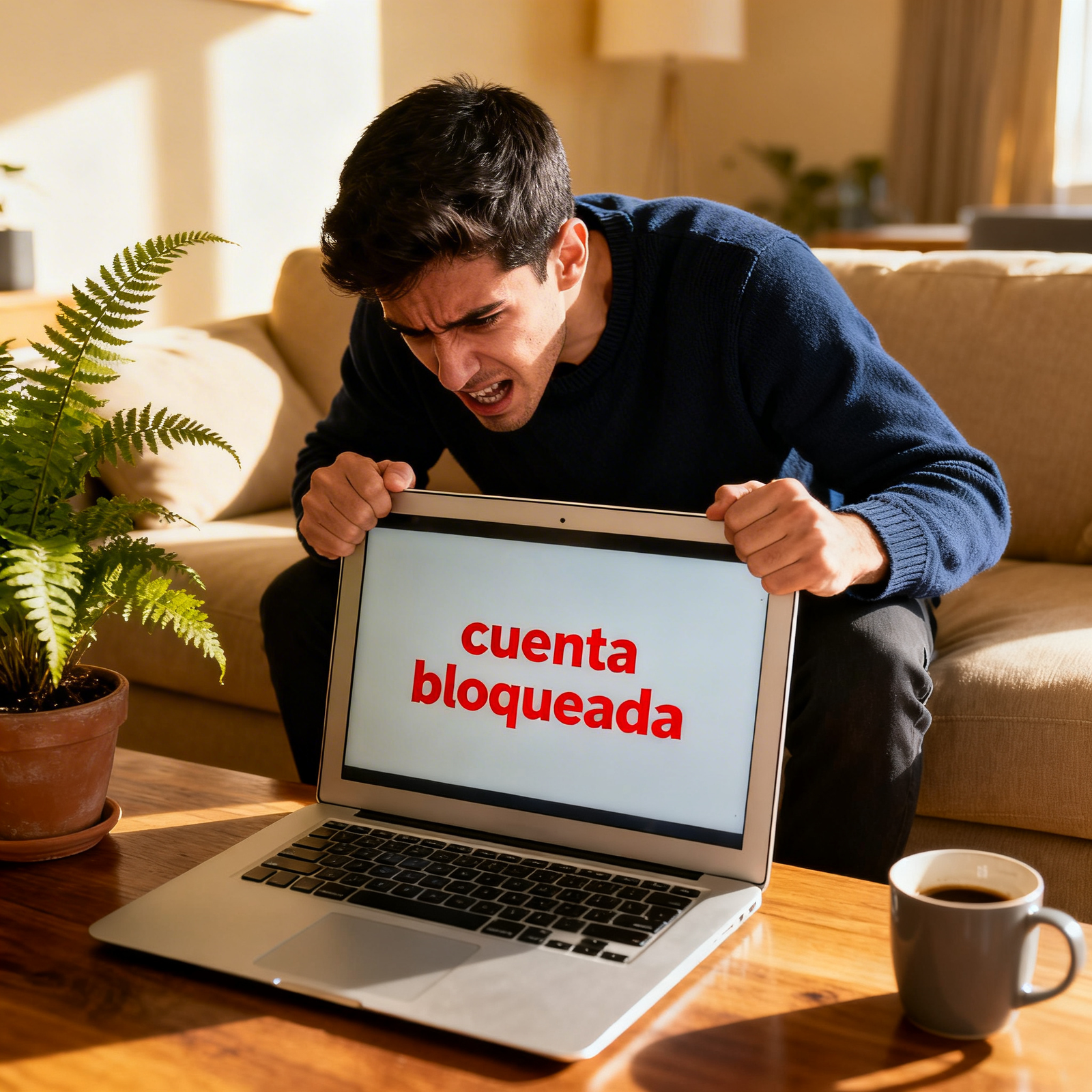 Usuario frustrado mirando pantalla con cuenta de apuestas Bet777 bloqueada en España