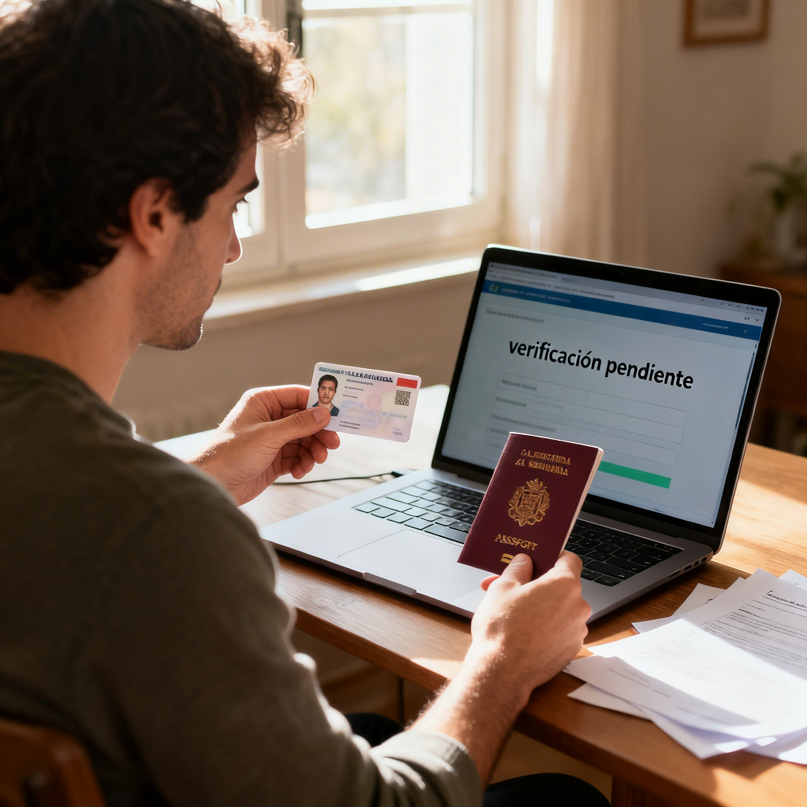 Usuario de LeoVegas esperando verificación KYC con documentos de identidad preparados