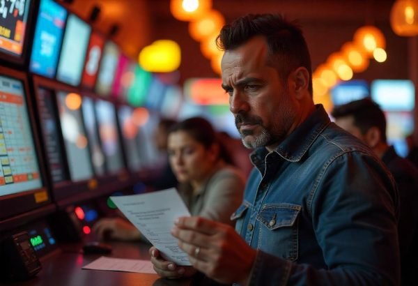 Hombre revisando documentos en una casa de apuestas, preocupado por posibles fraudes. Denunciar casas de apuestas es clave.