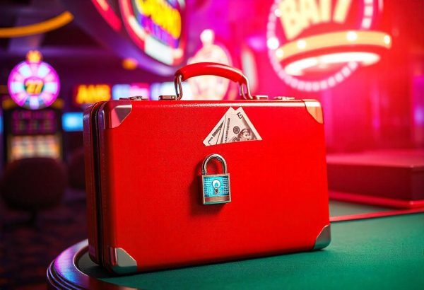 Maletín rojo con candado en un casino, simbolizando condiciones poco claras de casas de apuestas. Denunciar casas de apuestas es crucial.